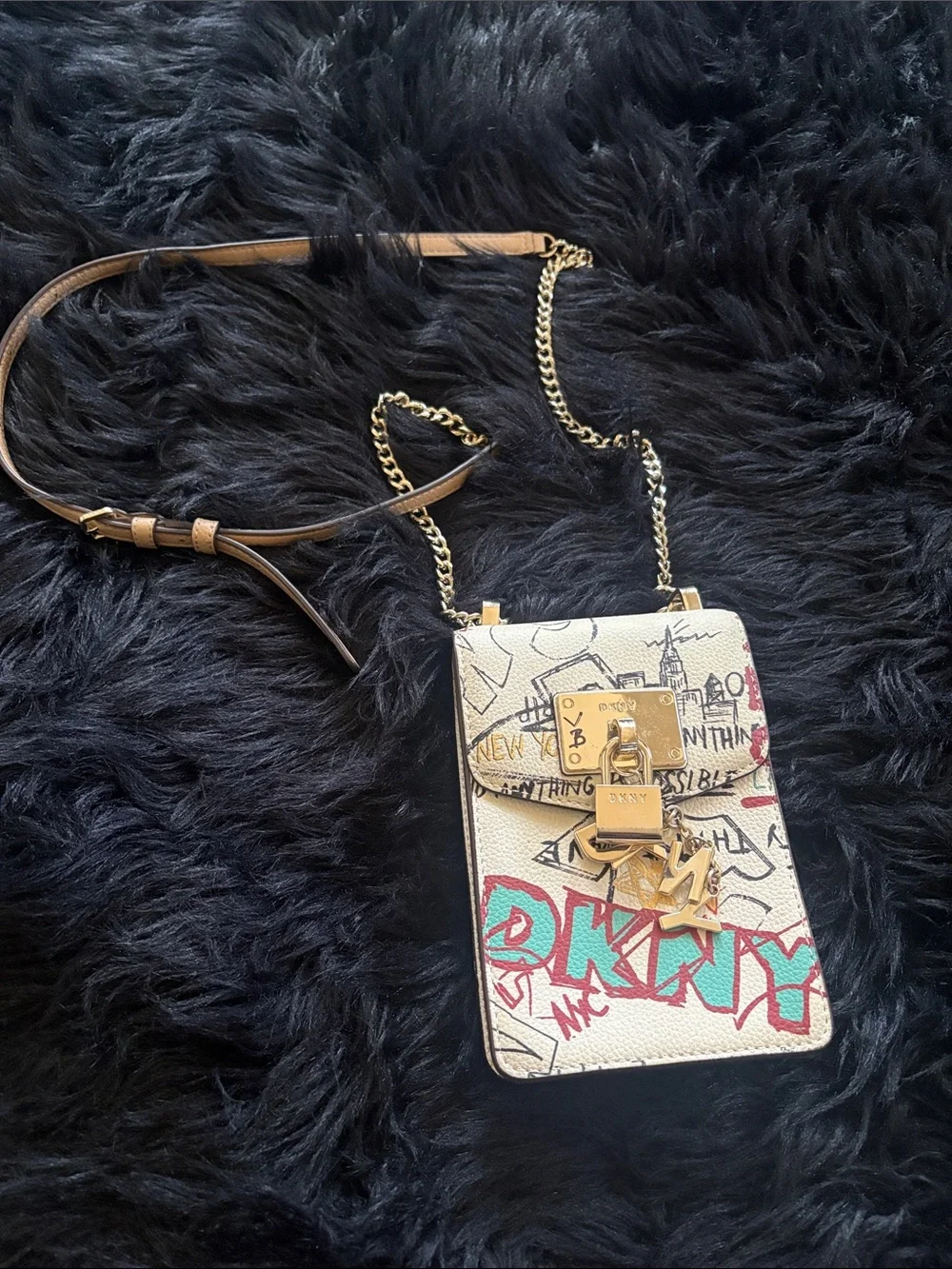 DKNY Cream Graffiti Print Crossbody Phone Bag with Gold Hardware